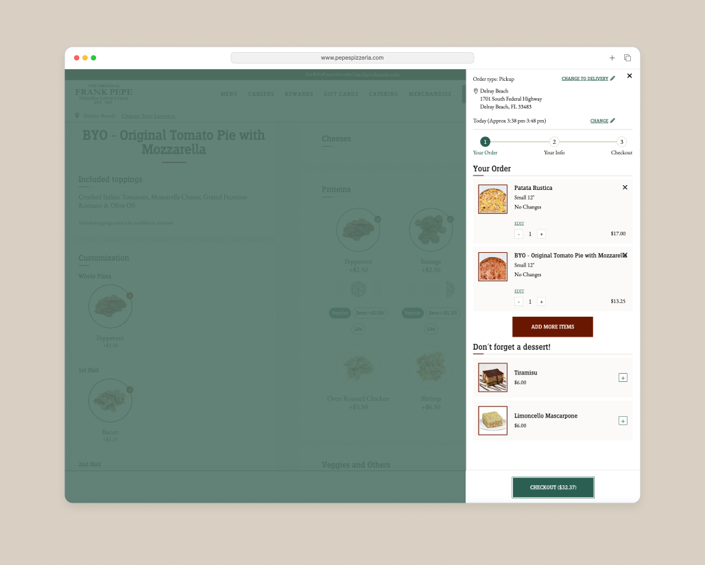 Frank Pepe's Pizzeria website design - checkout