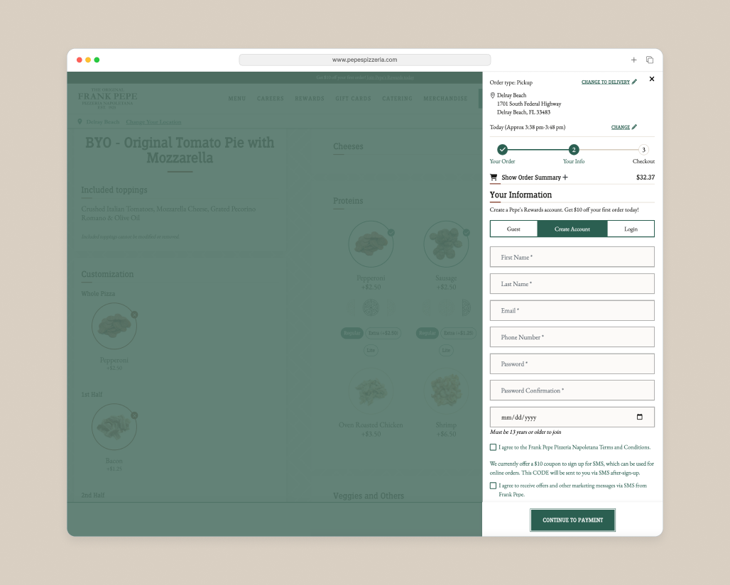 Frank Pepe's Pizzeria website design - loyalty signup