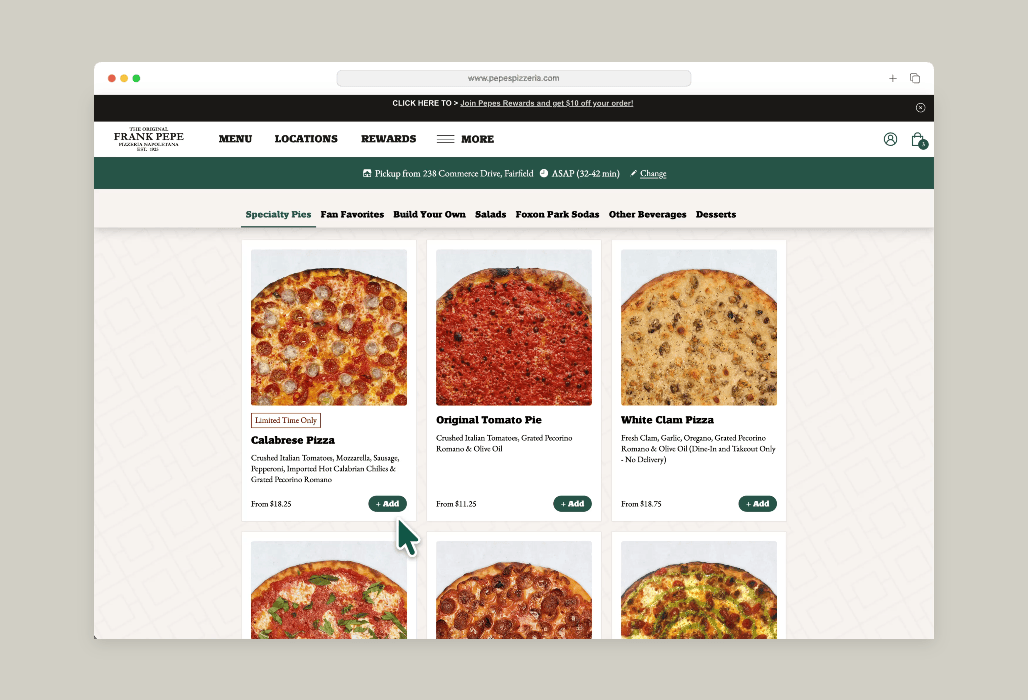 Frank Pepe's Pizzeria website design - menu system