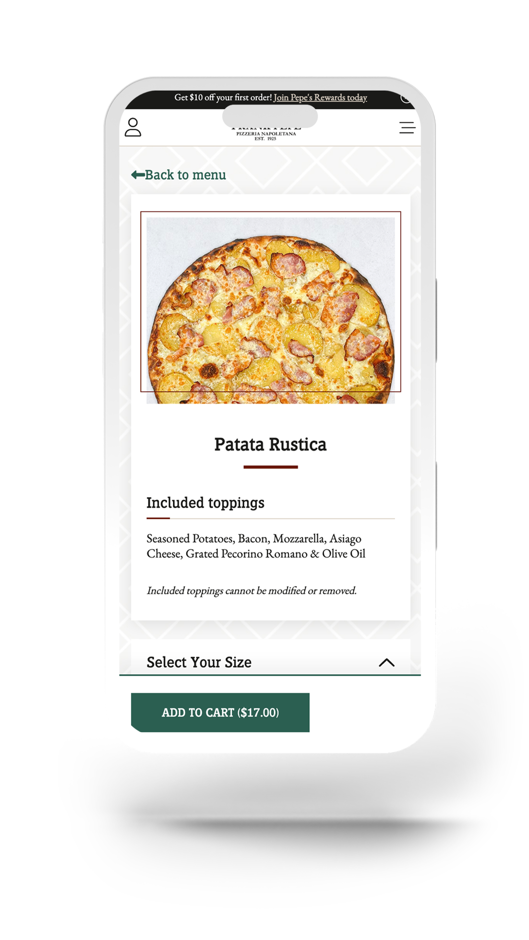 Frank Pepe's Pizzeria pizza restaurant online ordering flow design ux