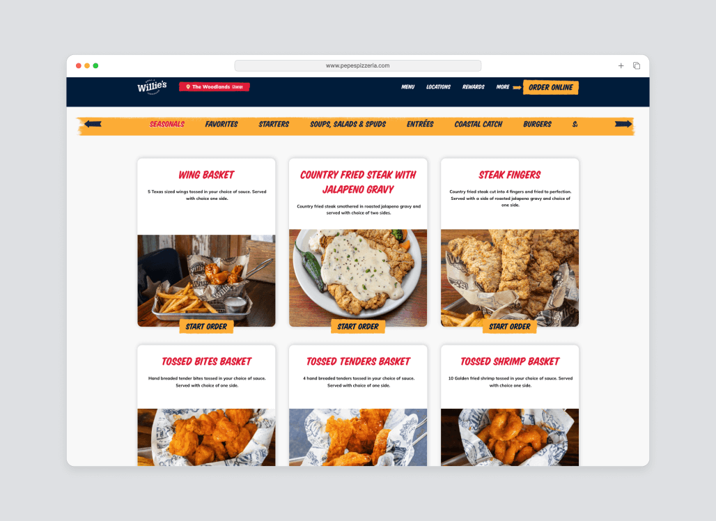 Willie's Grill & Icehouse menu design that prioritizes visuals - website