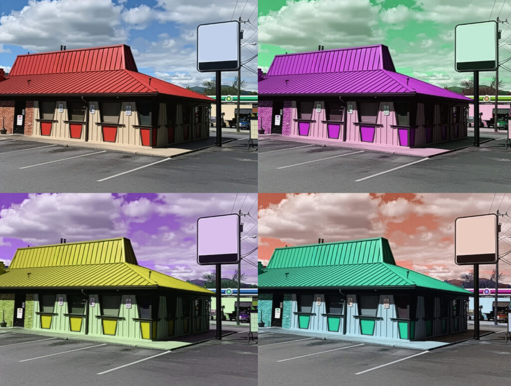 Various pizza hut buildings in different colors