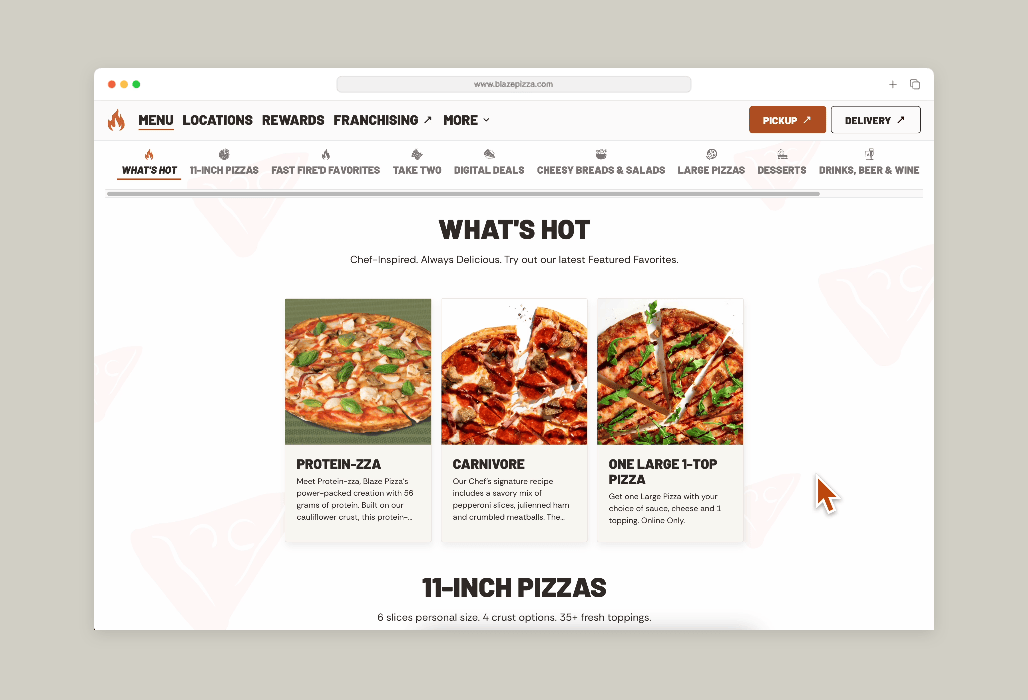 Direct linkage between the website and the Thanx ordering site - Blaze Pizza