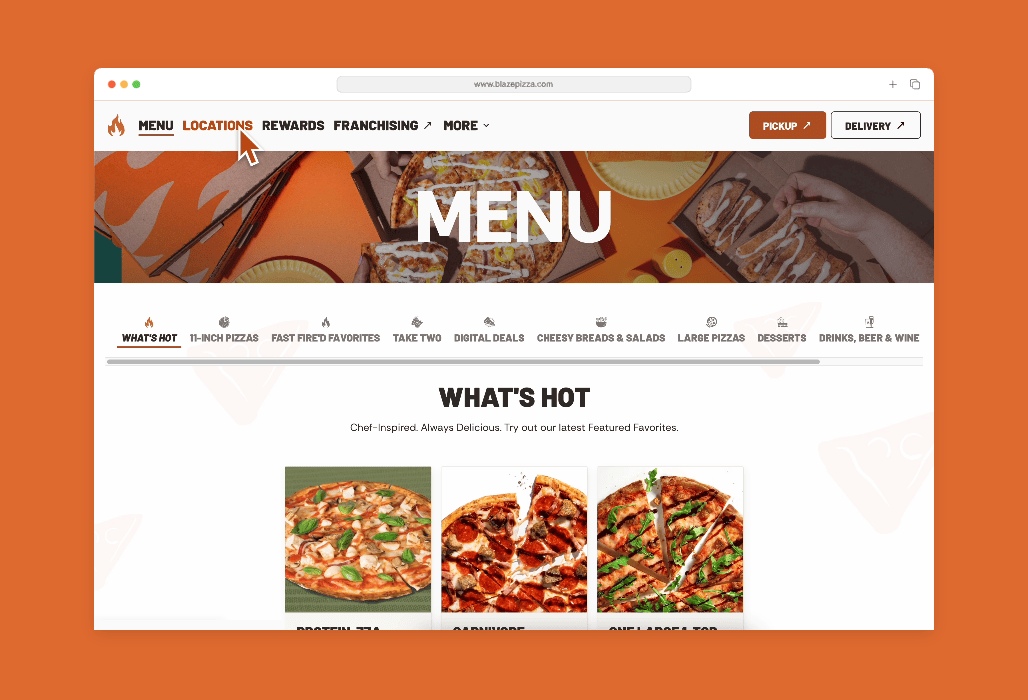 Menu data fueled by olo integration for Blaze Pizza
