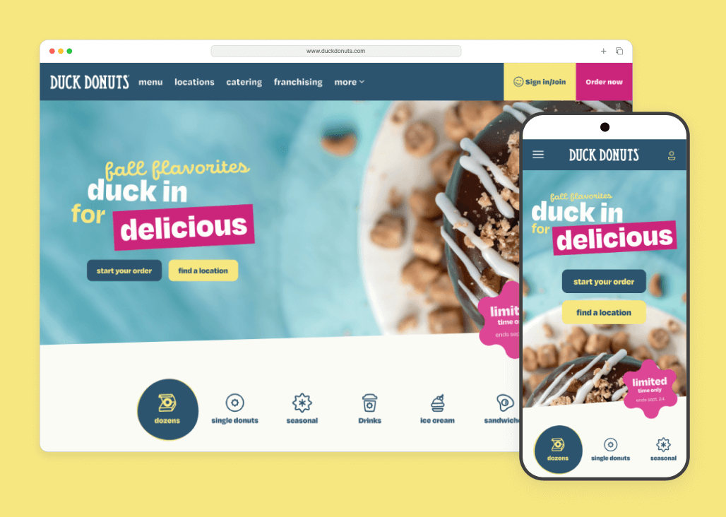 Commerce activated home page on Duck Donuts' custom frontend website