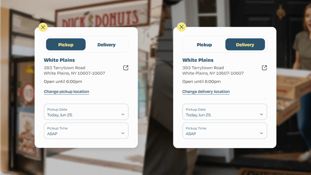 Duck Donuts' conveyance mode selector, order scheduling, and location feature