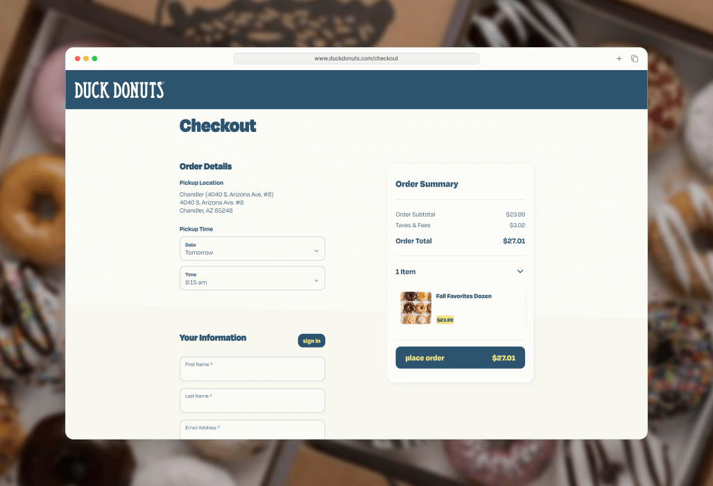 Duck Donuts' custom frontend integrated website - one page checkout flow