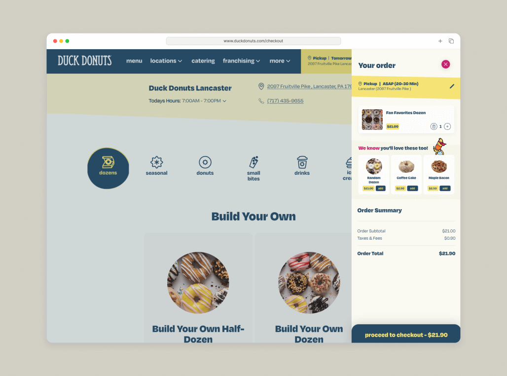 Duck Donuts custom frontend website order summary drawer