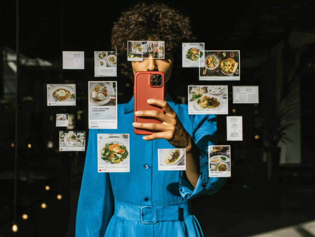 Woman holding an iPhone with floating restaurant menu cards