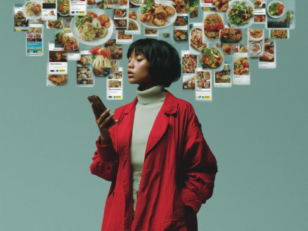 woman in red coat holding mobile phone with search results and restaurant menu items floating out