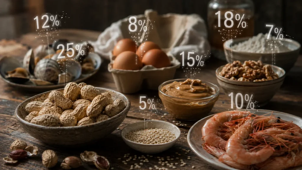 Restaurant menu allergens with statistics floating over top